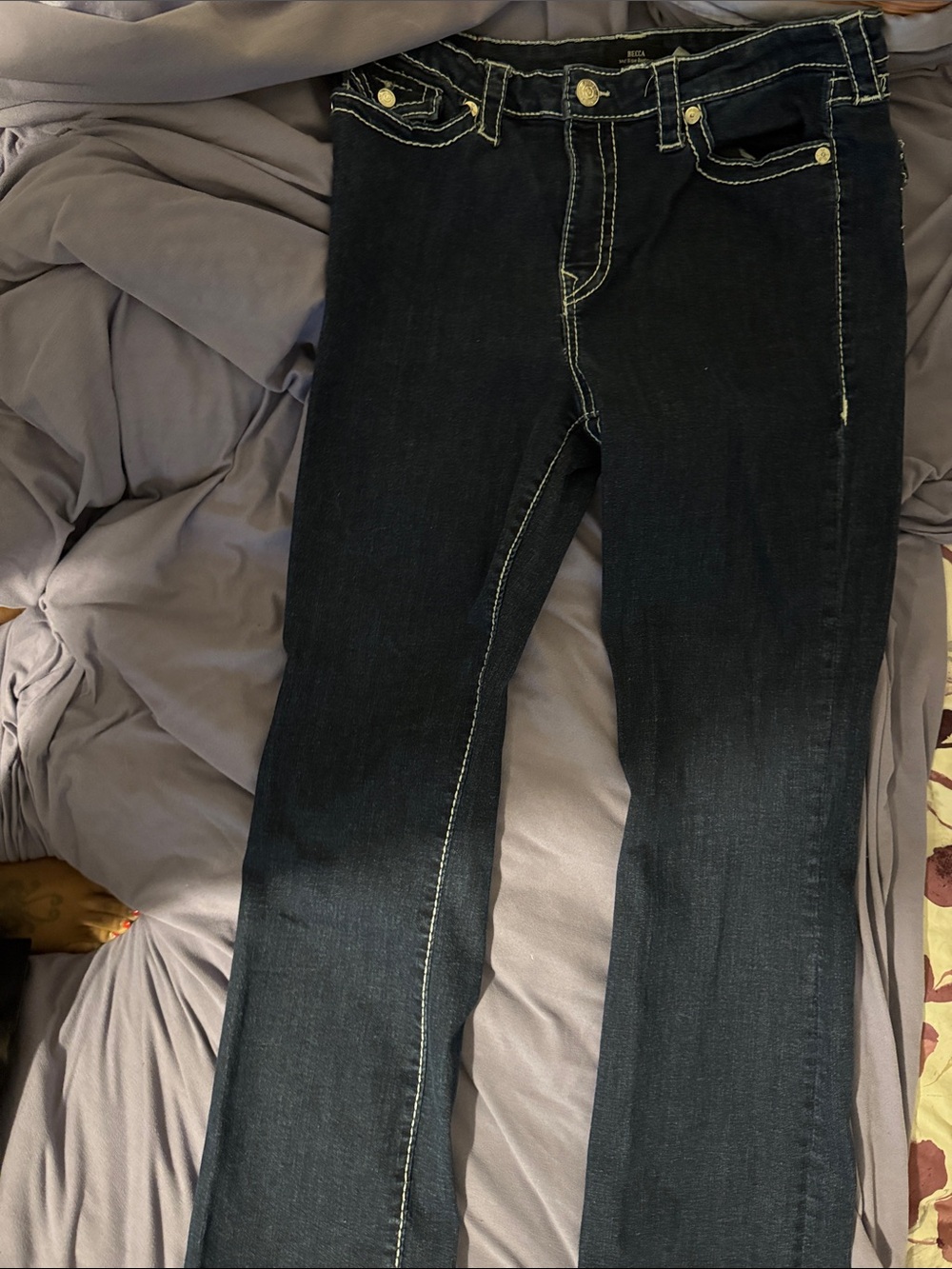 True Religion Dark Blue Bootcut Jeans with White Contrast Stitching - Picture 4 of 5